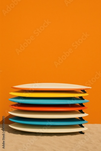 A stack of colorful surfboards leaning against a bright orange wall on sandy ground. Perfect for summer visuals, surf culture, vacation concepts, and eye-catching lifestyle content