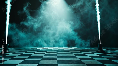 Empty dark room with blue wall and light texture from a window showing a night sky with stars and clouds