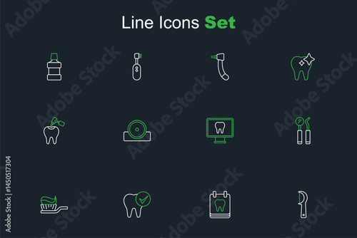 Set line Dental floss, Calendar with tooth, Tooth, Toothbrush toothpaste, mirror and probe, Online dental care, Otolaryngological head reflector and caries drill icon. Vector