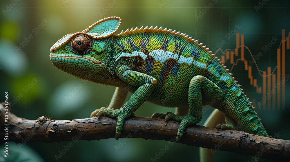 Fototapeta premium Chameleon on a branch with skin pattern morphing into a financial chart, adaptability in business.