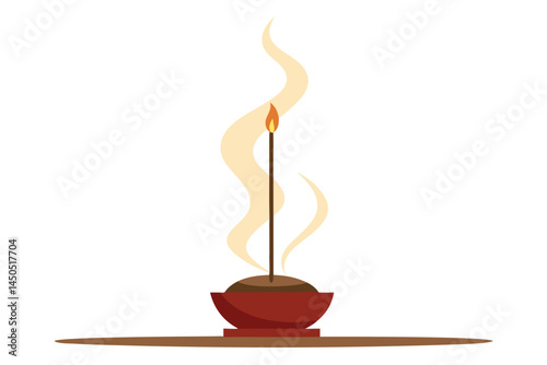 Minimalist illustration of burning incense stick in holder with smoke rising