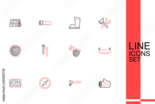 Set line Wooden log, Hand saw, Circular blade, beam, Two-handed, Metallic nails and Tree rings icon. Vector