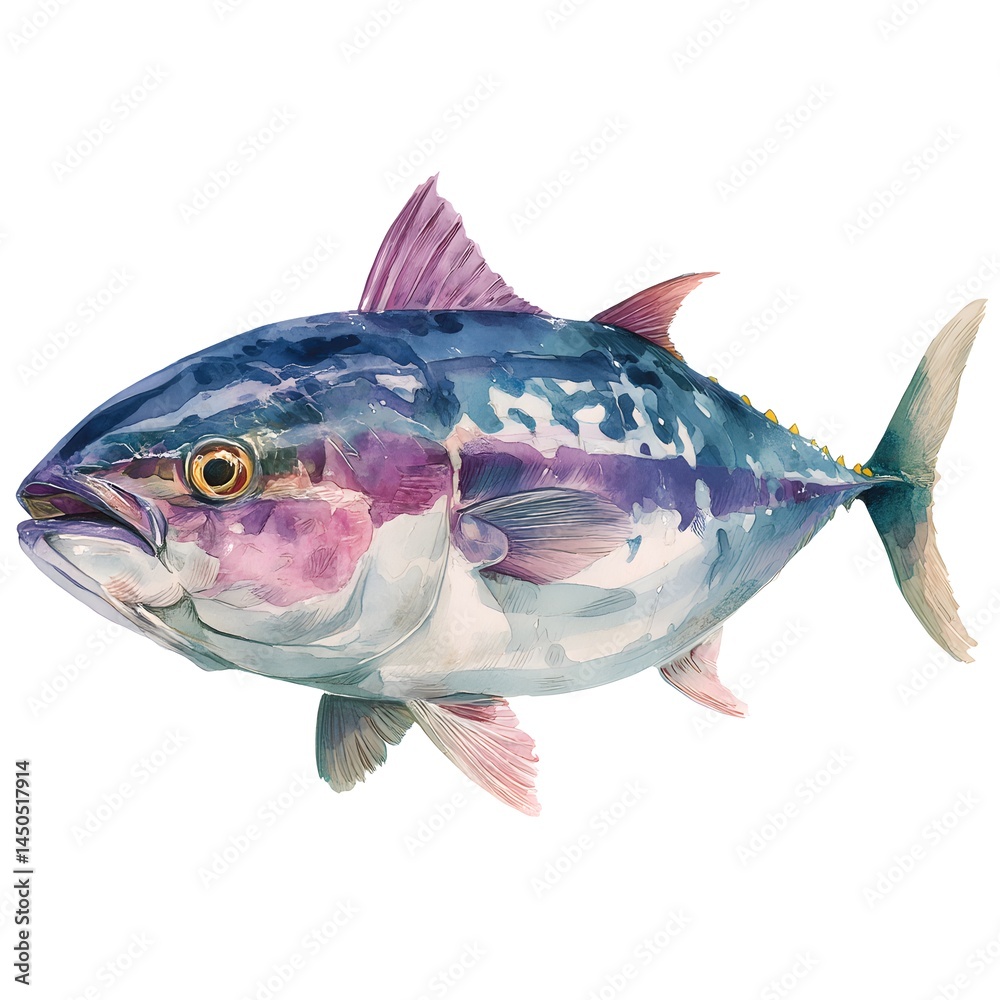 Fototapeta premium A vibrant watercolor painting depicts a detailed albacore tuna swimming gracefully against a stark white background.