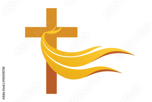 Golden Christian Cross with Streamers Symbolizing Faith, Hope, and Spiritual Guidance