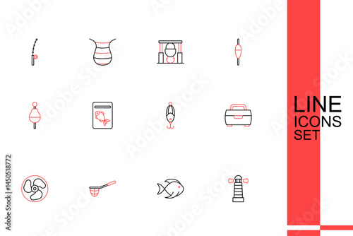 Set line Lighthouse, Fishing bucket with fish, net, Outboard boat motor, hook, lure, Served on plate and float icon. Vector