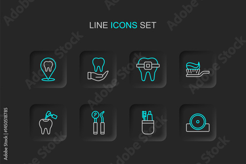 Set line Otolaryngological head reflector, Toothbrush and toothpaste, Dental mirror probe, with caries drill, Teeth braces, and clinic location icon. Vector