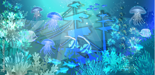 Underwater background sunken ship. vector illustration