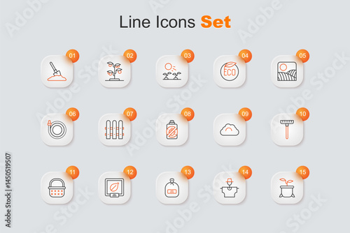 Set line Plant in pot, Scarecrow, Pack full of seeds, Seeds specific plant, Wicker basket, Garden rake, Cloudy weather and Spray against insects icon. Vector