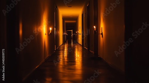 Long corridor illuminated by flickering candlelight.