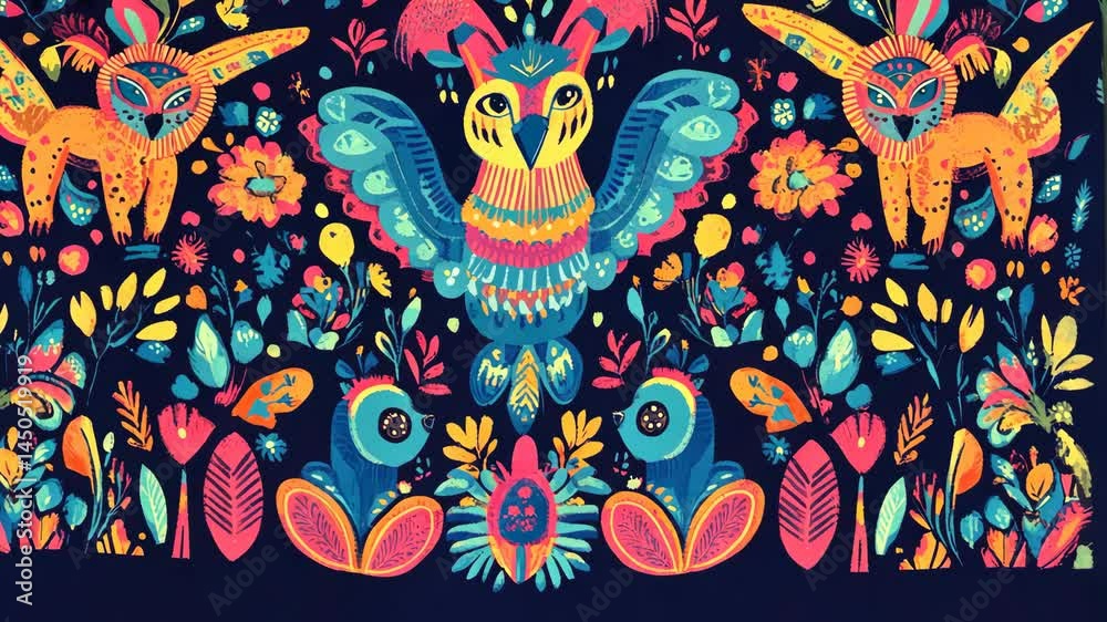 Vibrant owl and butterfly motif animation with dynamic colorful pattern transition