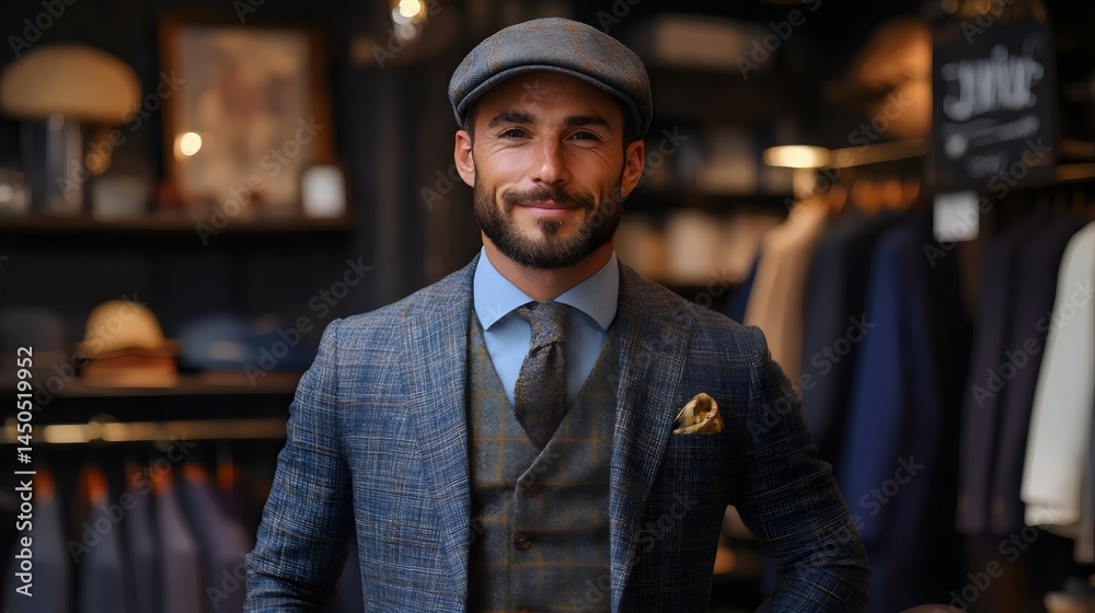 Fototapeta premium Smiling man wearing a stylish suit and cap stands in a clothing boutique, ready for a shopping experience.