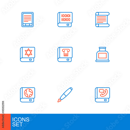 Set line Phone book, Fountain pen nib, Earth globe and, Inkwell, Jewish torah, History, Decree, parchment, scroll and Books about programming icon. Vector