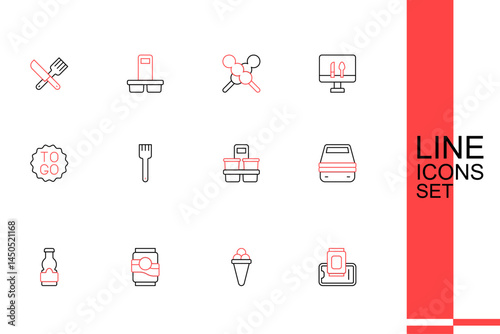 Set line Food ordering on mobile, Ice cream waffle, Soda can, Sauce bottle, Lunch box, Coffee cup to go, Fork and icon. Vector