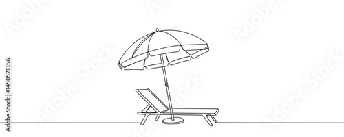 Continuous one line drawing of sun lounger with umbrella. beach umbrella near sun lounger on beach.One continuous line, vector illustration.
