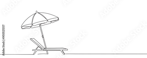 Continuous one line drawing of sun lounger with umbrella. beach umbrella near sun lounger on beach.One continuous line, vector illustration.