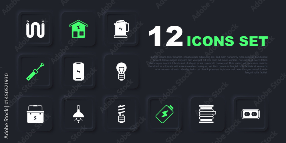 Set Wire electric cable on reel, Electrical outlet, Mobile phone, Battery charge, Screwdriver, Lamp hanging, Smart home and LED light bulb icon. Vector Set Wire electric cable on reel, Electrical outlet, Mobile phone, Battery charge, Screwdriver, Lamp hanging, Smart home and LED light bulb icon. Vector