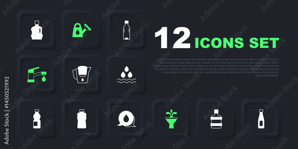 Set Big bottle with clean water, Bottle of, Water jug filter, Fountain, tap, Watering can and drop speech bubbles icon. Vector Set Big bottle with clean water, Bottle of, Water jug filter, Fountain, tap, Watering can and drop speech bubbles icon. Vector