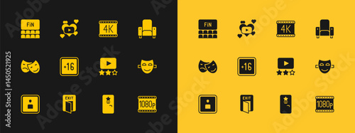 Set Cinema chair, Fire exit, Rating movie, Backstage, Plus 16, 4k, auditorium with screen and Romantic icon. Vector