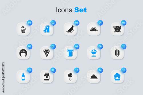 Set Covered with tray of food, Slice pizza, Steak meat, Bottle wine, Popcorn cardboard box, Hotdog, Muffin and Bread toast icon. Vector