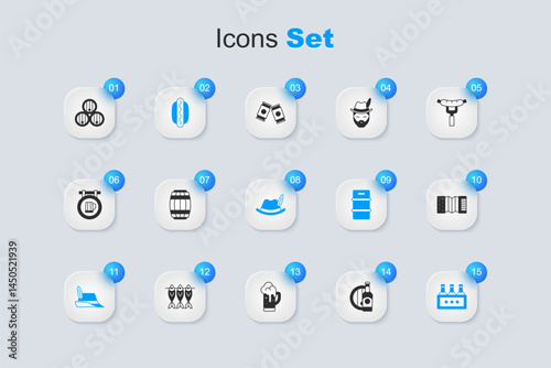 Set Beer bottle and wooden barrel, Wooden, Hotdog sandwich, Oktoberfest hat, Pack of beer bottles, Accordion, and icon. Vector