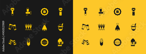Set Bottle opener, Salami sausage, Chicken leg, Sausage, Dried fish, cap, and Beer tap icon. Vector