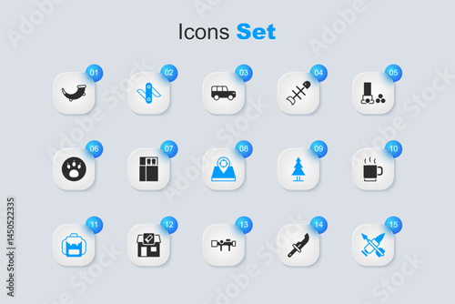 Set Hunter knife, Open matchbox and matches, Swiss army, Hiking backpack, Crossed bullet with arrow, Coffee cup, Hunting horn and place icon. Vector