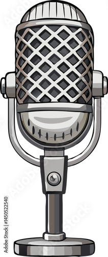 A retro-styled metallic microphone with mesh grille and vintage stand, isolated on white