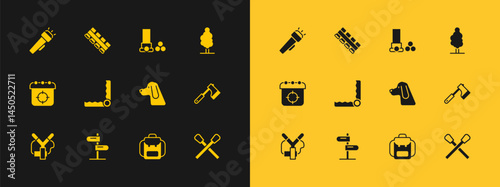 Set Tree, Road traffic sign, Hunting dog, Hiking backpack, Trap hunting, Cartridges, Flashlight and cartridge belt icon. Vector
