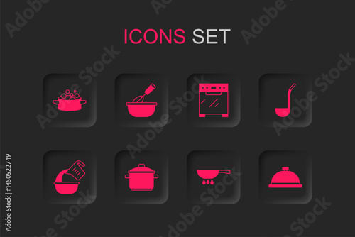 Set Cooking pot, whisk with bowl, Frying pan on fire, Kitchen ladle, Covered tray of food, Oven and Measuring cup and icon. Vector