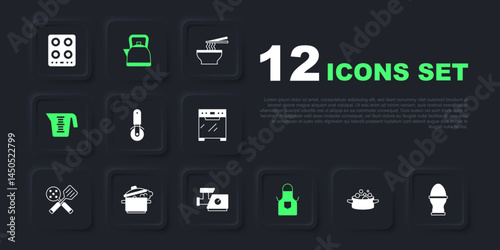 Set Cooking pot, Chicken egg on a stand, Pizza knife, Kitchen apron, Measuring cup, Kettle with handle and meat grinder icon. Vector