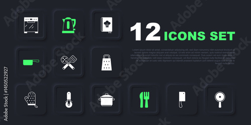 Set Meat chopper, Frying pan, Spatula, Crossed knife and fork, Pizza, Electric kettle and Cooking pot icon. Vector