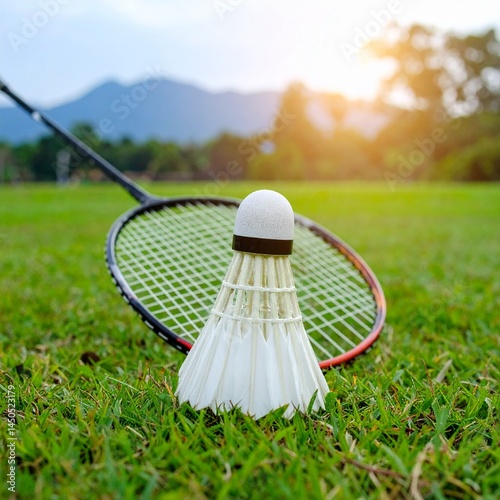 Badminton Racket and Shuttlecock on Green Grass – Outdoor Sports Concept AI Image