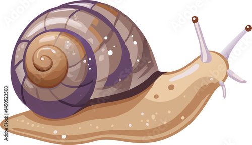 A realistic detailed snail with a spiral shell crawling on a wet leaf after rain