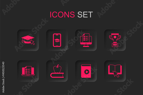 Set Book with apple, Graduation cap on mobile, cursor, Audio book, Award cup, Online, quiz, test, survey and icon. Vector