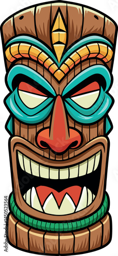 Tiki Mask Hawaiian Tribal Wooden Totem Traditional Culture Idol Sculpture Cartoon Vector Illustration Colorful Tropical Leaves Decoration Maori Polynesian African Statue Head Face Design