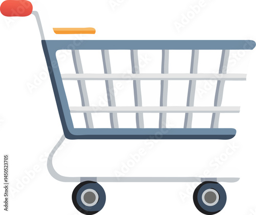 A modern detailed shopping cart filled with groceries, placed in a supermarket aisle