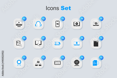 Set Web camera, Online book, Headphones, education with diploma, Exam sheet A plus grade, Book, play video and quiz, test, survey icon. Vector