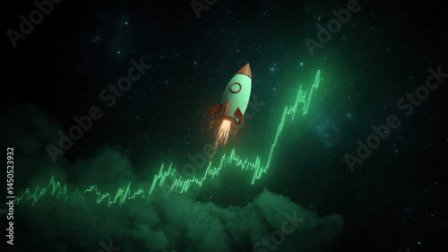 Crypto startup rocket flying on green data — a detailed and modern 3D-style concept ideal for tech visuals, infographics, marketing materials, and futuristic digital presentations.