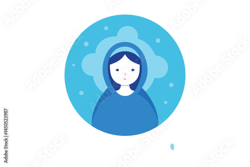 Stylized illustration of a woman in blue cloak on a blue background