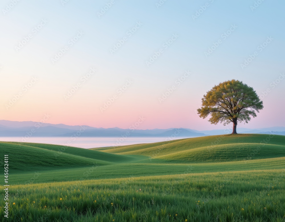 Obraz premium Solitary Tree on Rolling Green Hills at Dawn
