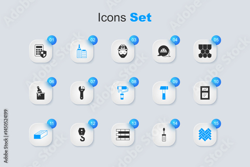Set Screwdriver, Adjustable wrench, City landscape, Brick, Parquet, Window in room, Security keypad access panel and Paint roller brush icon. Vector