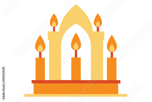 Graphic illustration of five lit candles arranged around a central arch