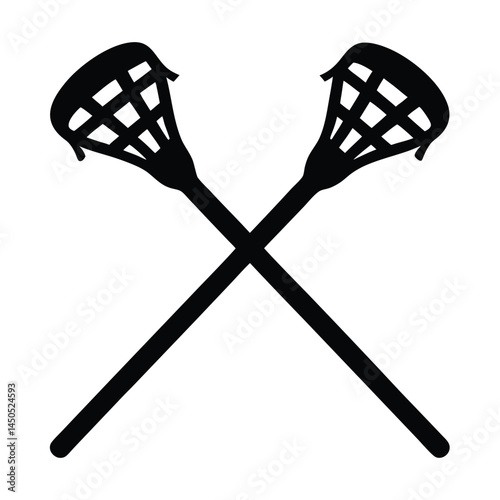 Black silhouette of two crossed lacrosse sticks isolated on a white background