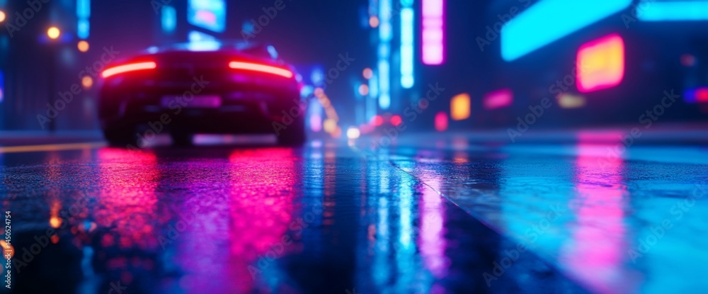 Cyberpunk Cityscape: Reflections of Neon Lights on a Wet Urban Road with Car Cyberpunk Cityscape: Reflections of Neon Lights on a Wet Urban Road with Car