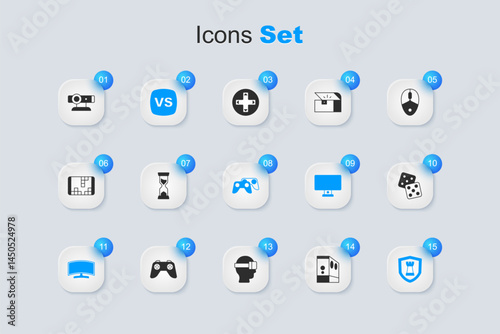 Set Case of computer, Old hourglass, VS Versus battle, Computer monitor, Chess shield, Game dice, Web camera and controller joystick icon. Vector