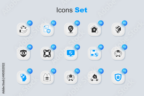 Set Burning car, Lifebuoy, Contract with shield, insurance, House, Education grant, Car and Location icon. Vector