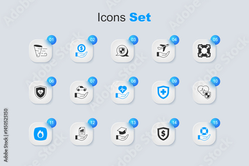 Set Shield with dollar, Car insurance, Money shield, Fire flame, Lifebuoy hand, Tornado and icon. Vector
