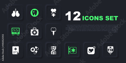 Set Mobile with heart rate, IV bag, First aid kit, Emergency - Star of Life, Monitor cardiogram, Medicine pill tablet, Tooth caries and DNA symbol icon. Vector