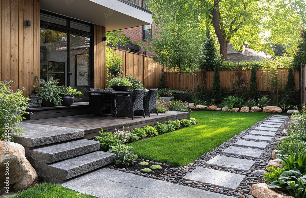 Naklejka premium Modern backyard patio with stone path, landscaping, and green lawn