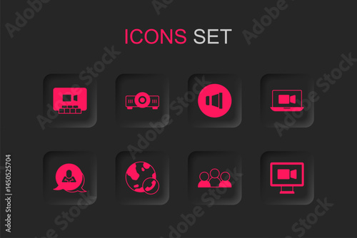 Set Video chat conference, Movie, film, media projector, Meeting, Speaker volume and Speech bubble icon. Vector